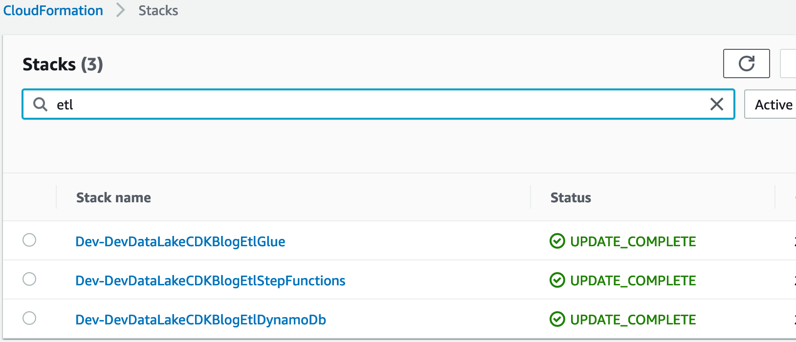 ETL Stacks Deployed in Dev Account