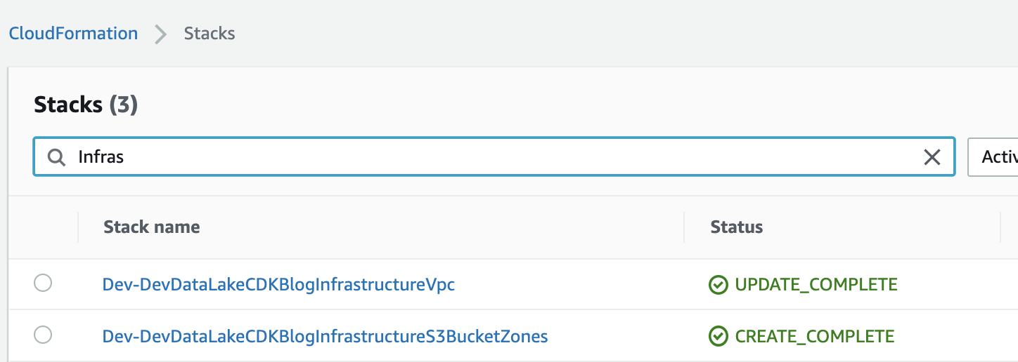 Infrastructure Stacks Deployed in Dev Account