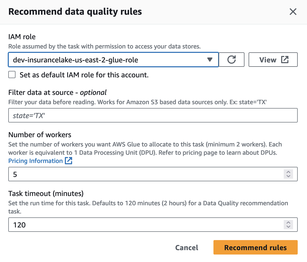 Configuring AWS Glue Data Quality Recommendations