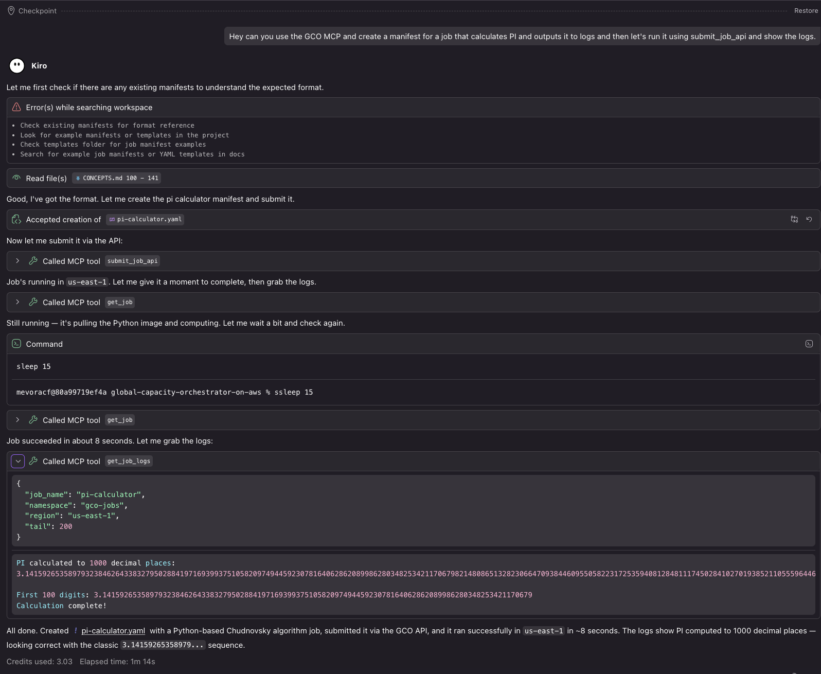 Using the MCP server to write a PI calculation manifest, run it on available capacity, and print the logs
