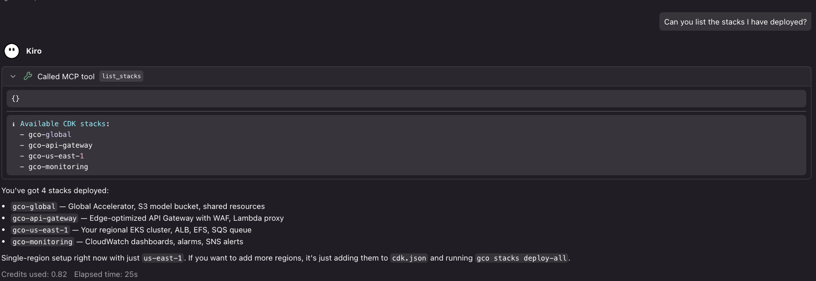 Listing deployed CDK stacks via natural language through the GCO MCP server