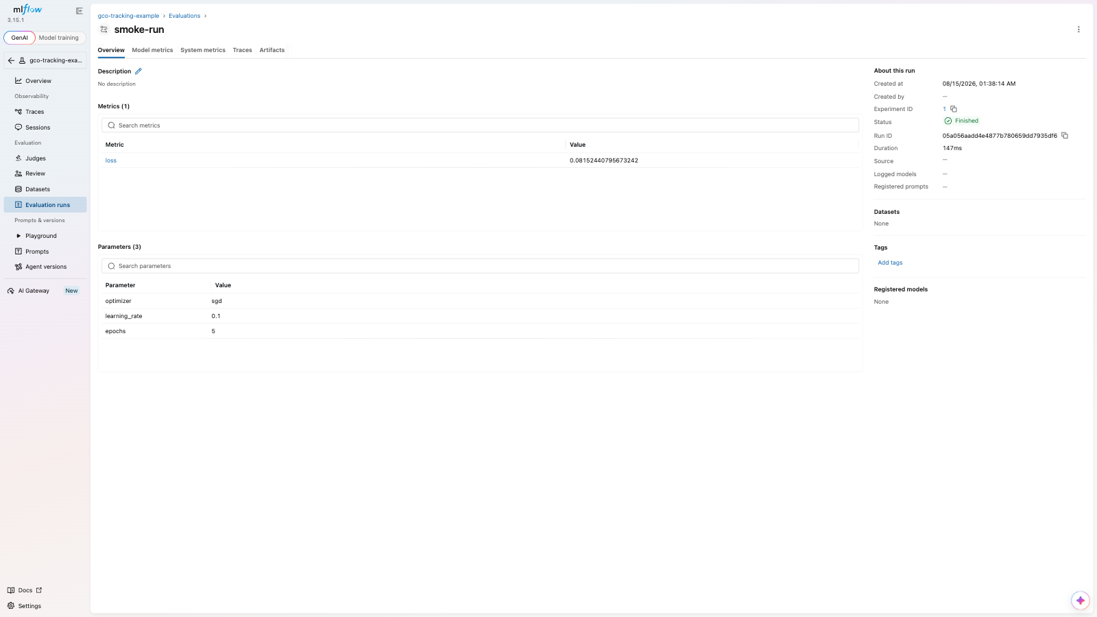 MLflow tracking server run view with metric, parameters, and Finished status