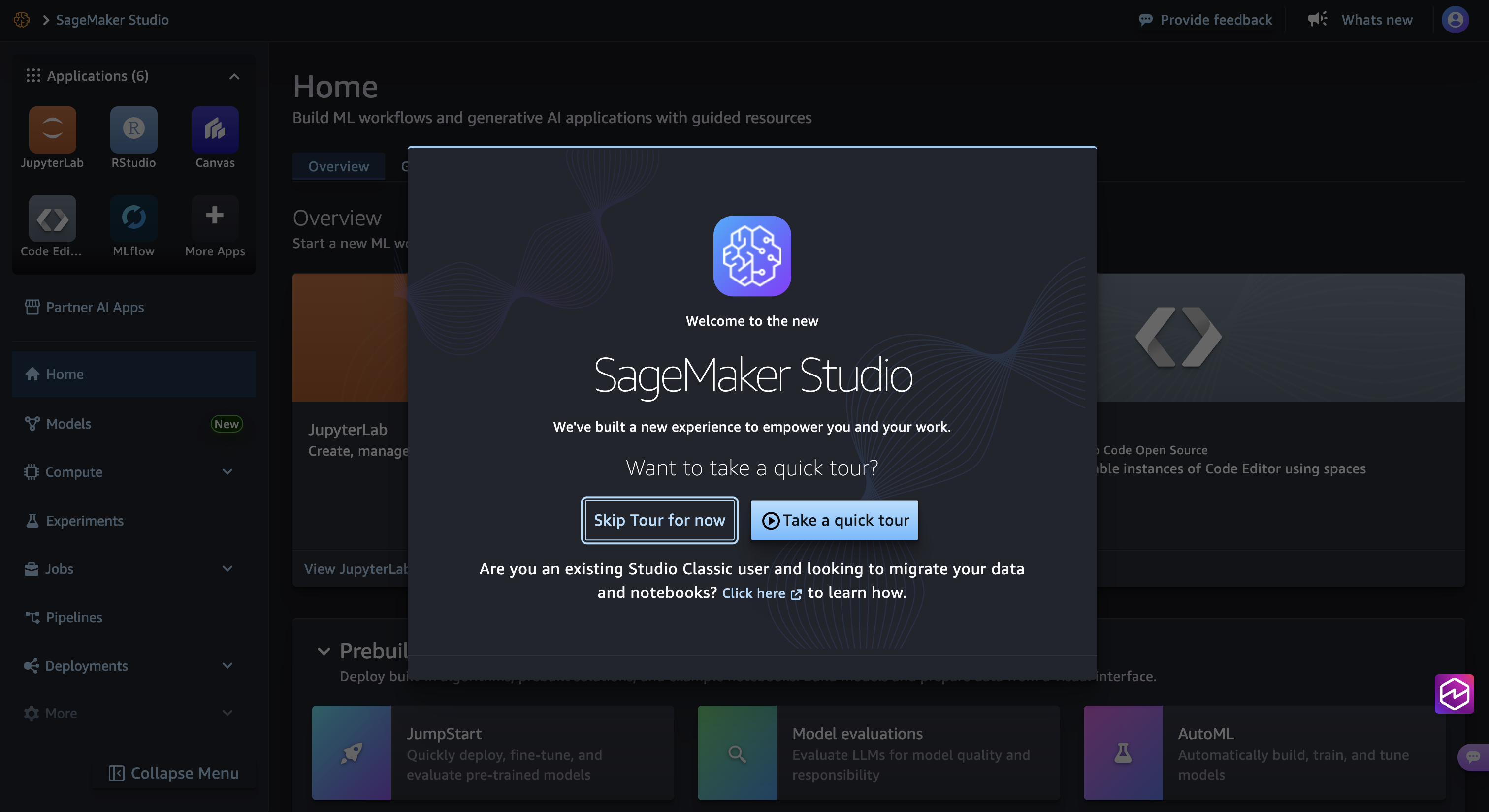 SageMaker Studio landing screen after login