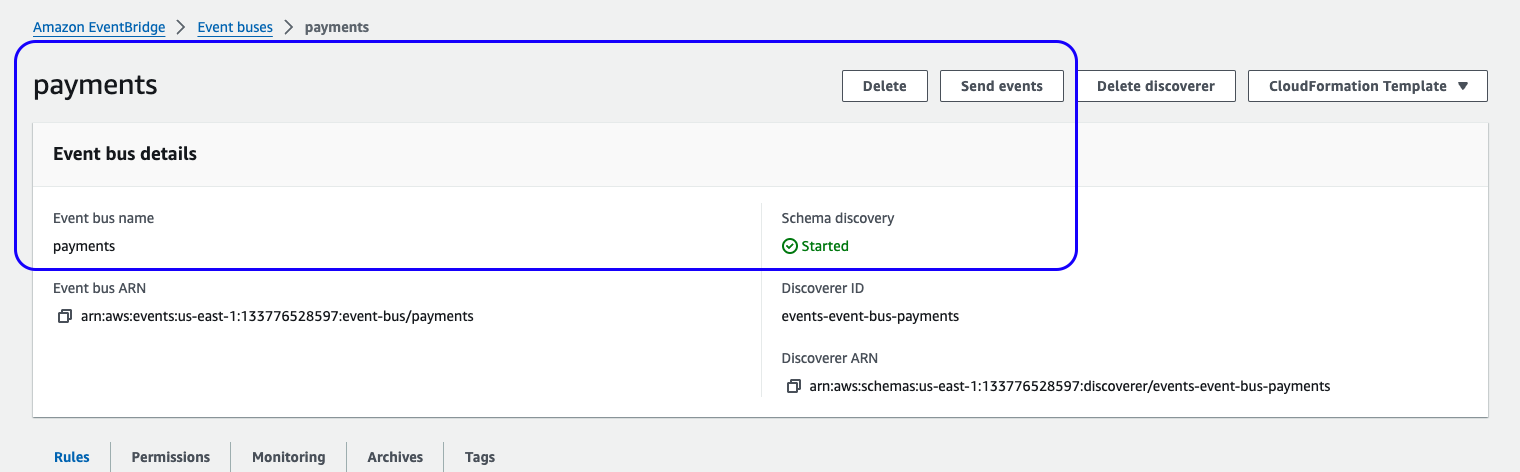 Custom EventBridge bus in the AWS Management Console