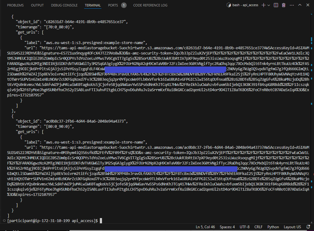 Screenshot of the response from listing the segments