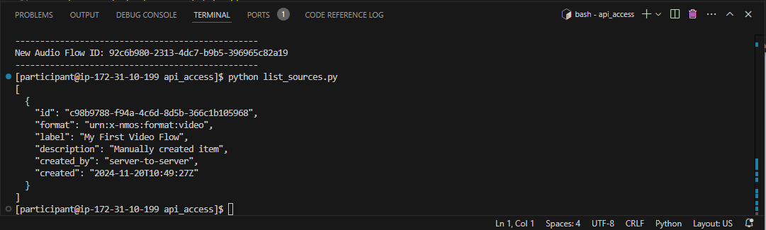 Screenshot of the response from listing sources