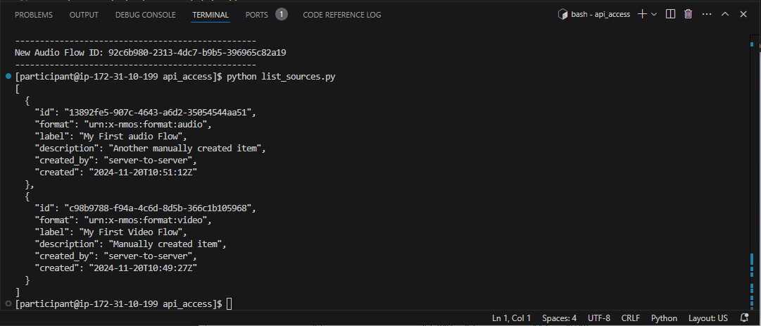 Screenshot of the response from listing sources