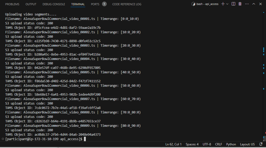 Screenshot of the output of the segment upload script
