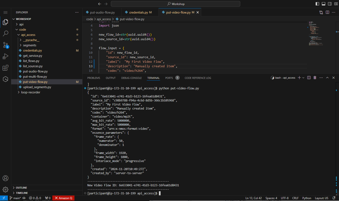 Screenshot of the response from creating the video flow