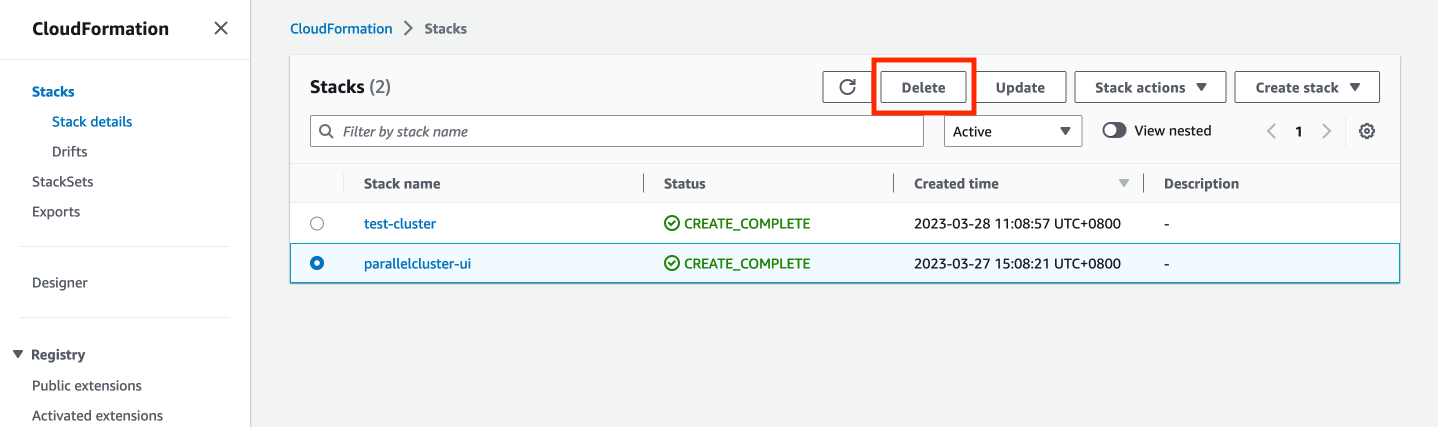 Delete Parallel Cluster UI