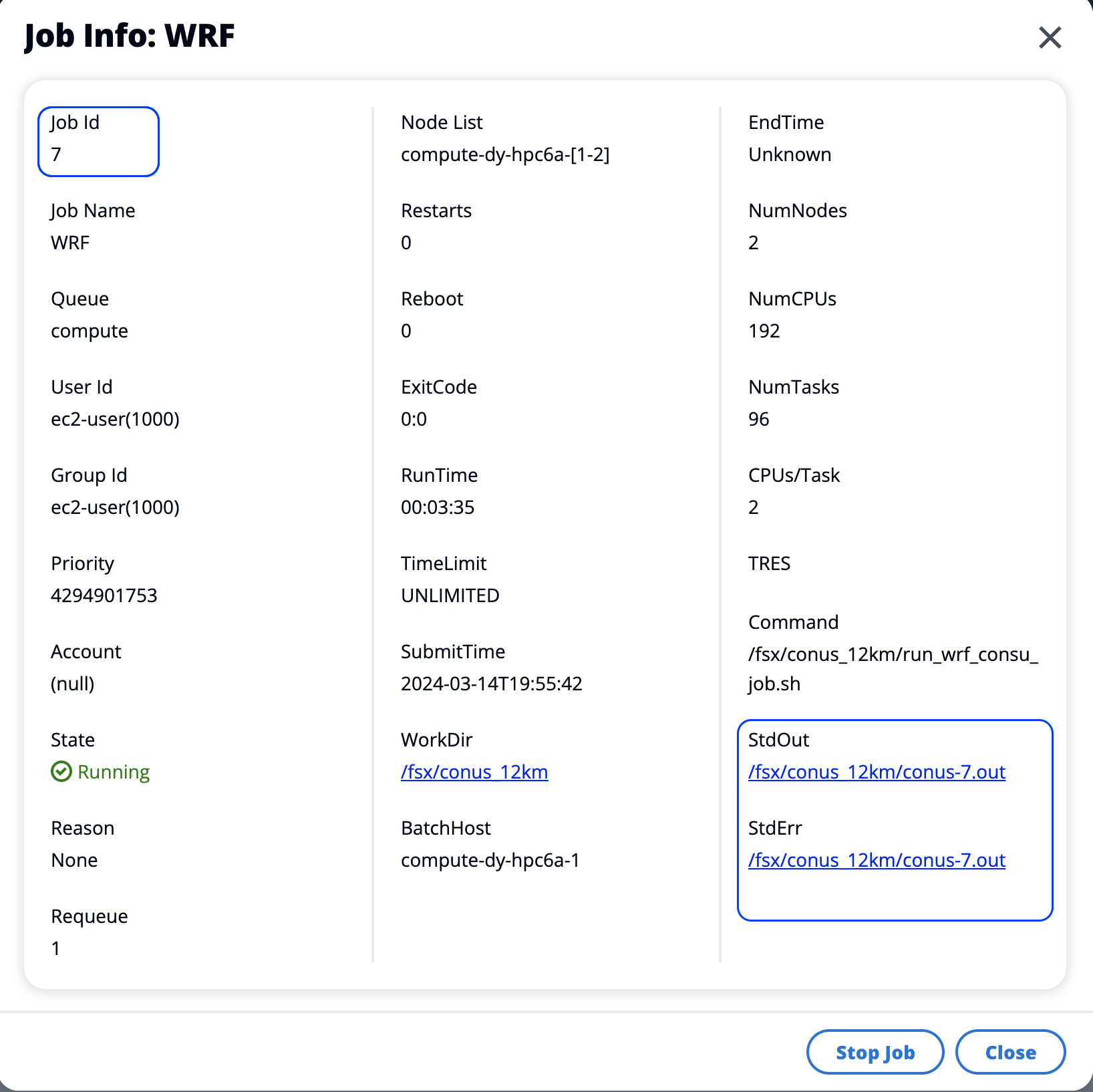 Parallel UI WRF Job details