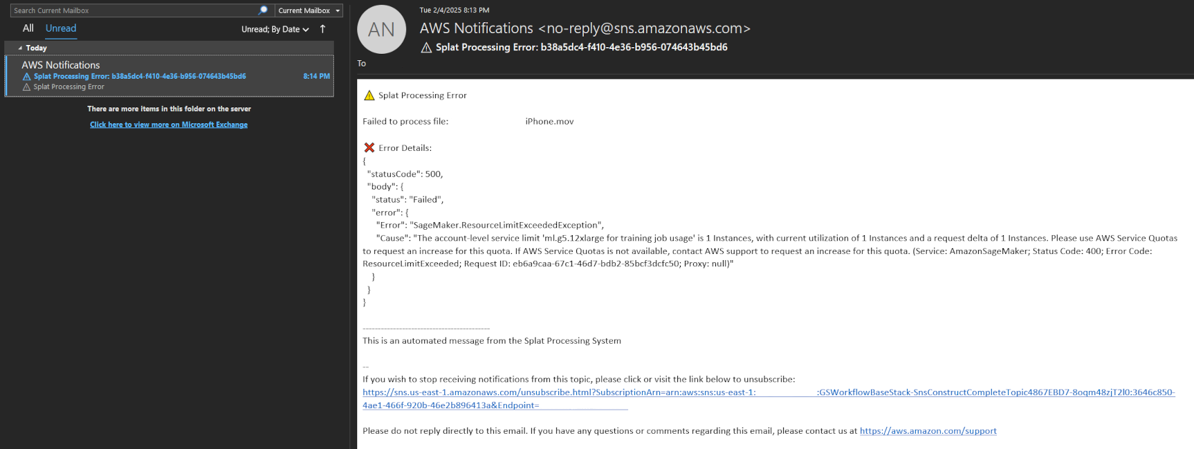 SNS Error Email
