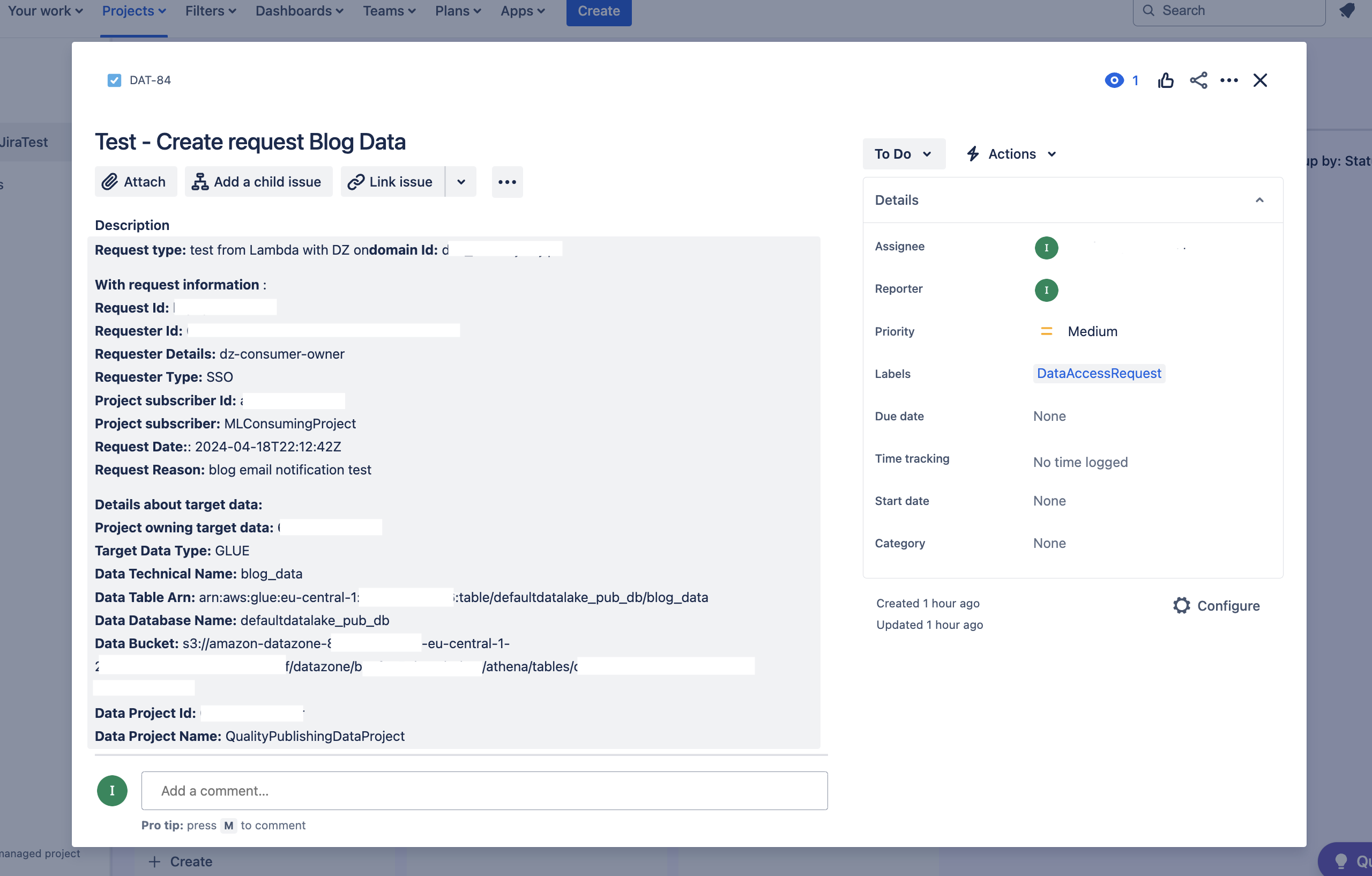 A sample Jira issue