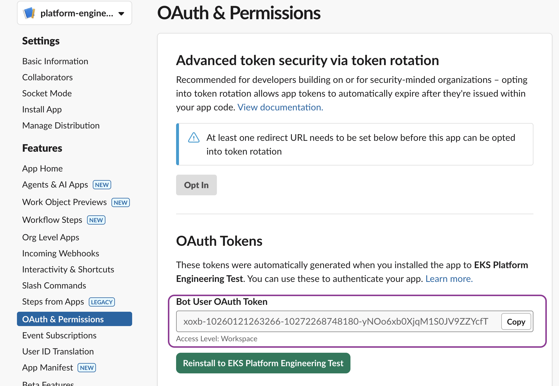 Sample Slack app OAuth permissons