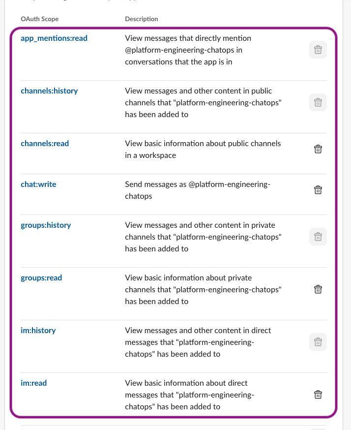 Sample Slack app OAuth Scopes